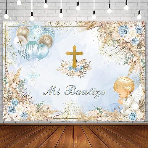 AIBIIN Telón de fondo bohemio Mi Bautizo de 7 x 5 pies para niños, bautismo bohemio con Dios bendiga la primera comunión, decoración de fiesta,