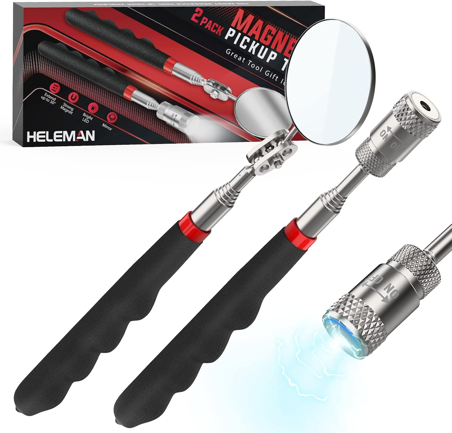 Magnetic Pickup Tool Gifts for Men - 2 PCS Christmas Stocking Stuffers for Men Dad Birthday LED Light with Strong Magnet & 360° Telescoping Mirror for Hard to Reach Place Cool Gadgets for Women Father