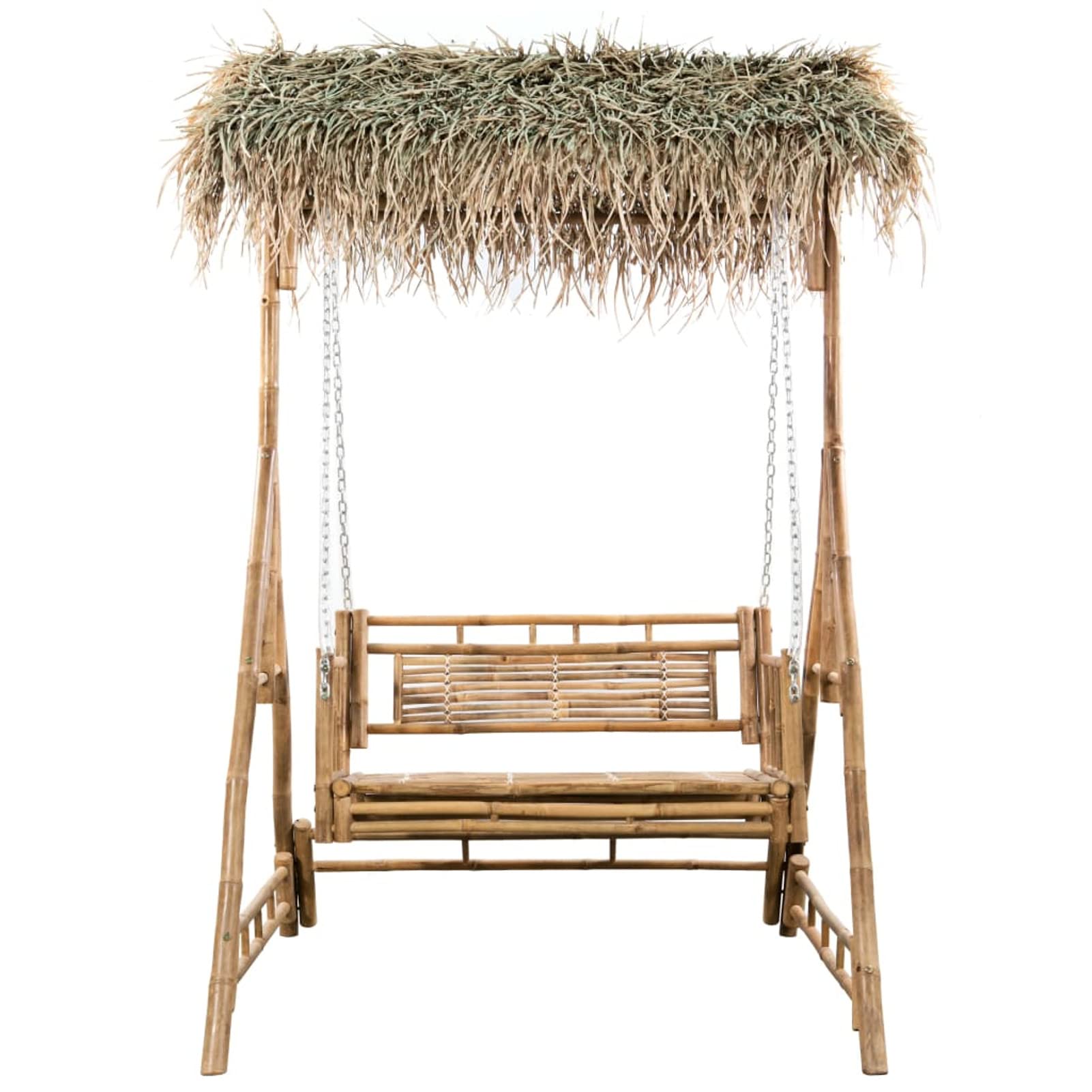 Gecheer Dondolo Hollywood con foglie di palma, cuscino da giardino a 2 posti, altalena da giardino, altalena, 35 x 99 x 202 cm (larghezza x profondità x altezza) in bambù, metallo