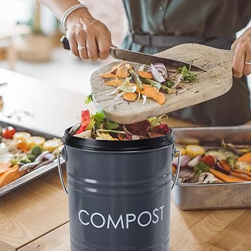 Vipush Compost Bin Kitchen Countertop Composter with lid Small Compost ContainerI Includes Inner Compost Bucket Liner & Charcoal Filter, Grey
