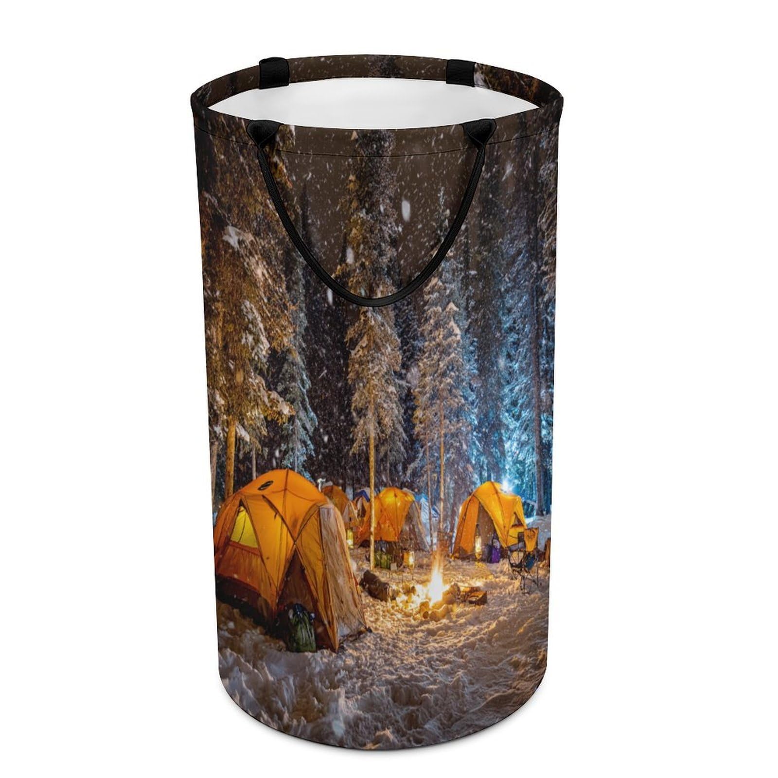 LUYYSKY Funny Classic Winter Camping Collapsible Dirty Clothes Basket, Modern Art Snowy Forest Campfire Tent Pattern Portable Clothes Storage Basket