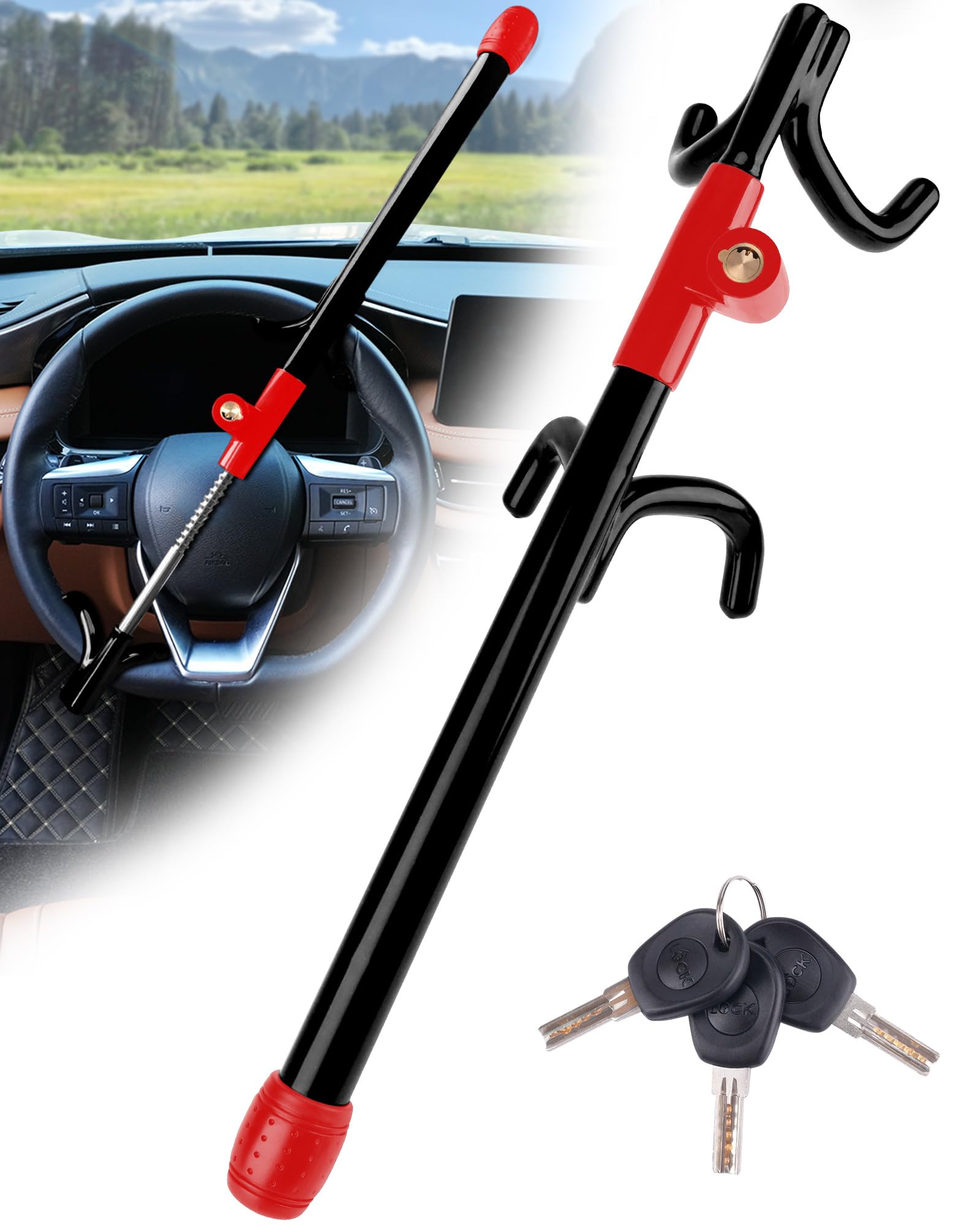 Tevlaphee Black Steering Wheel Lock, Steering Lock, Heavy Duty Anti-Theft Device, High Visibility, Universal Fit For Cars, Vans, Suv, 3 Keys (Black)