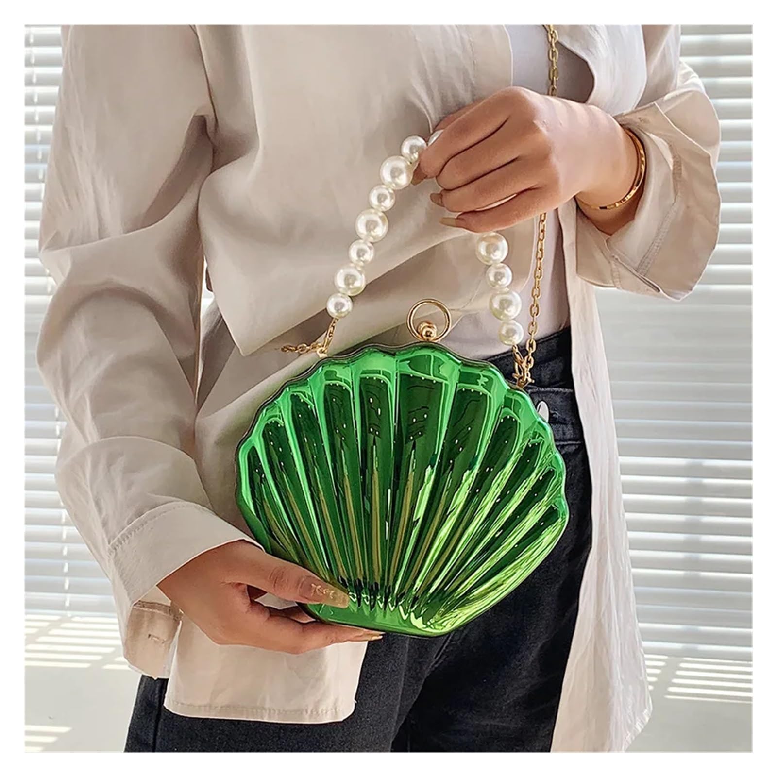 Muscheltasche, Neue Umhängetasche for Damen, Kleine Schultertaschen, Süße Geldbörsen, Goldene Abendtasche(Shape 2 White)