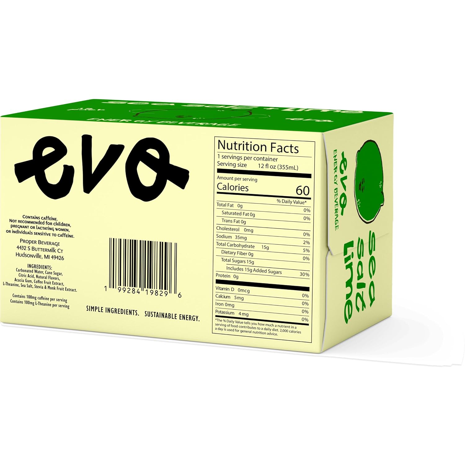 Evo Energy Beverage – Sea Salt Lime | Plant-Based Energy Drink with Green Tea Caffeine & L-Theanine | Low Calorie, Lightly Carbonated Lime Water | 12 FL oz Cans (Pack of 12)