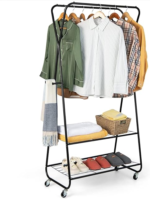 CASART Rolling Garment Rack, 3 Tiers Clothes Rail Metal Coat Rack with Wheels, Shelves and Side Hooks, Entryway Clothing Storage Organizer for Bedroom Living Room Laundry