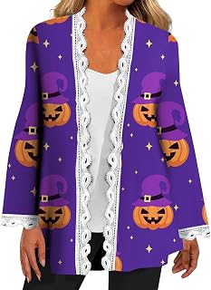 Halloween Cardigan for Women Fall Open Front Lace Long Sleeve Loose Slouchy Lightweight Casual Halloween Printing Womens Cardigan Sweaters