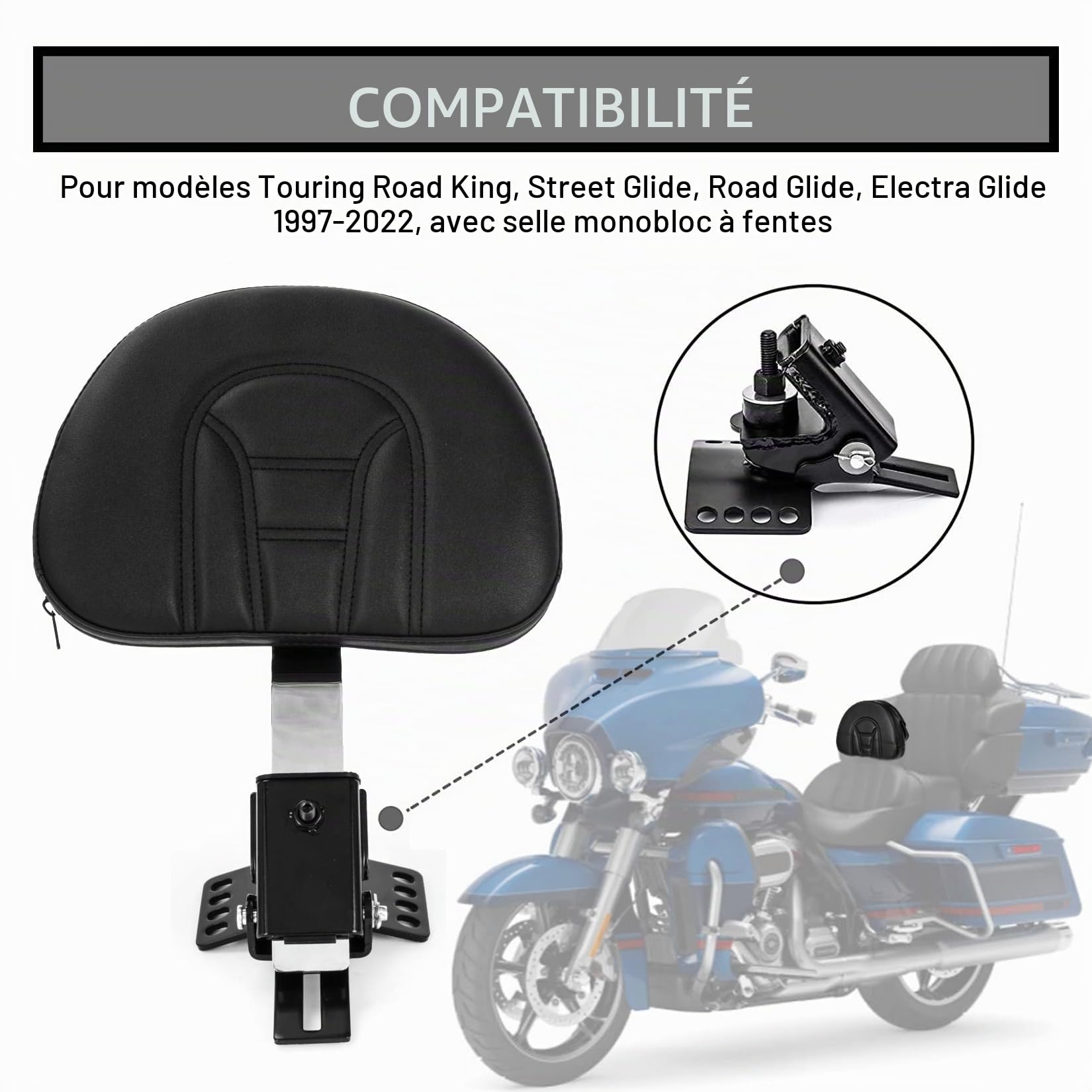 PSLER Dossier Conducteur Enfichable Coussin de Dossier Réglable pour Les Modèles Touring 1997-2022,Sissy Bar avec Une Base Fendue(Chromé)