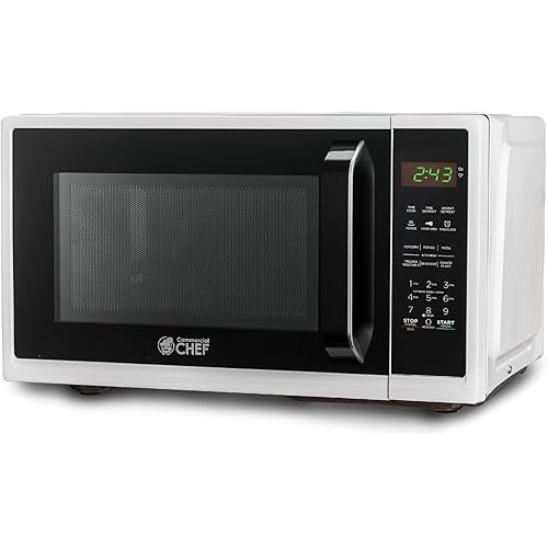 COMMERCIAL CHEF 0.9 Cubic Foot Microwave with 10 Power Levels, Small Microwave with Grip Handle, 900W Countertop Microwave with Digital Display, Door Lock and Kitchen Timer, White