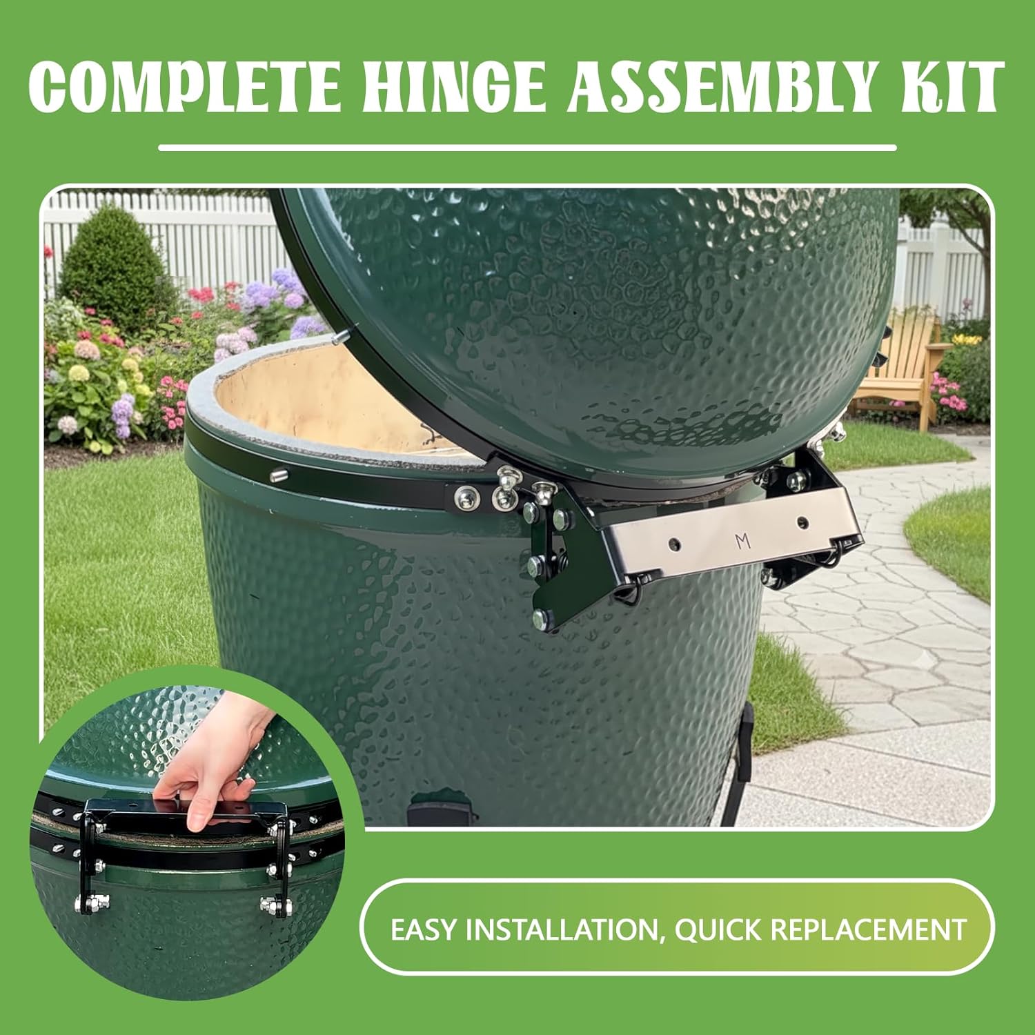 Vankey Hinge Assembly for Medium Green Egg Grill – Powder Coated Steel Replacement Hinge with Spring, Heavy-Duty Durable – Complete Hinges Kit for Medium Big Size Green Egg (M-One-Piece