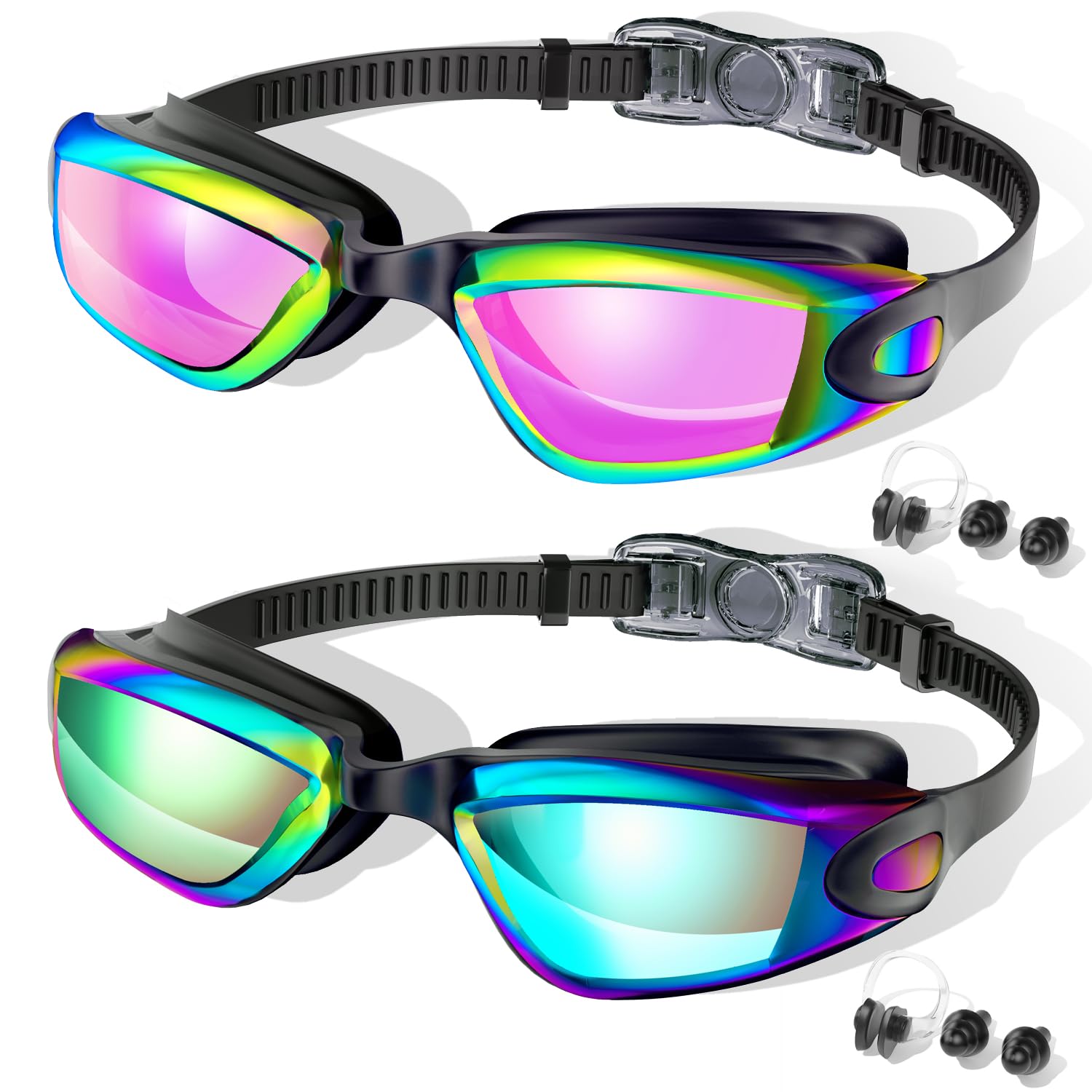 Fulllove Kids Swimming Goggles, 2 Pack Kids Goggles Silicone Nose Bridge Anti Fog UV Protection Clear Vision Waterproof Age 3-10 for Children Boys Girls