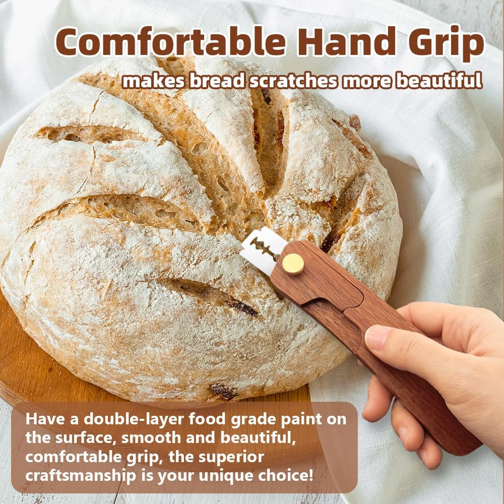 Bread Lame Dough Scoring Tool and 15 Razor Blades, Upgraded Wooden Dough Scorer Knife with 2 Magnetic for Convenient Storage, Bread Scorers Tool for Breads Baking, Homemade Bread（Black Walnut）