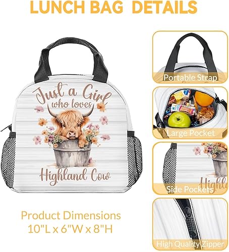 Miniatura 2 de CUSPCOD Highland Cow - Lonchera Bento reutilizable con correa para el hombro y bolsillos, lonchera pequeña blanca linda para niñas y niños, lonchera