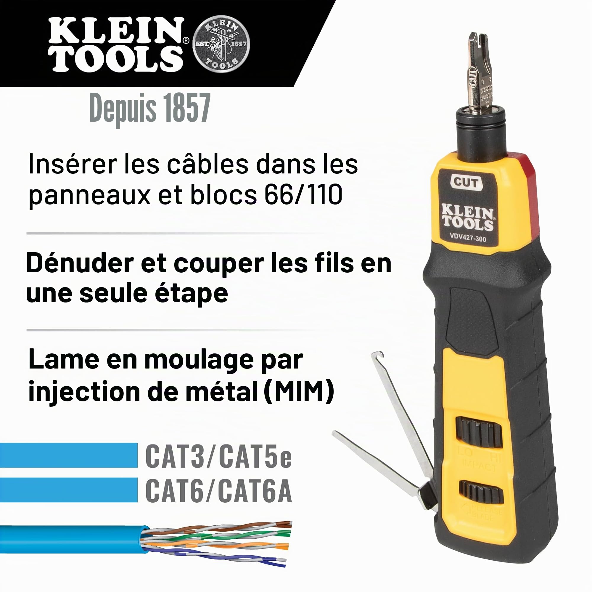 Klein Tools VDV427-300 Outil de poinçonnage à percussion avec lame 66/110, connexions de câble CAT fiables, force réglable, avec levier et spudger