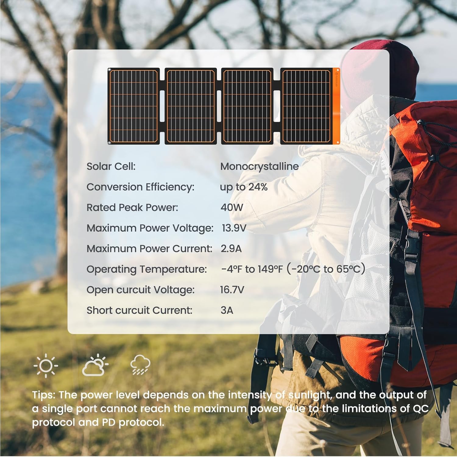 FlexSolar Pannello solare pieghevole da 40 W, caricatore solare portatile con USB-A (QC3.0) e USB-C (PD3.0), 13,9 V, 2,9 A, IP67, impermeabile, PET, alta efficienza, per campeggio e attività