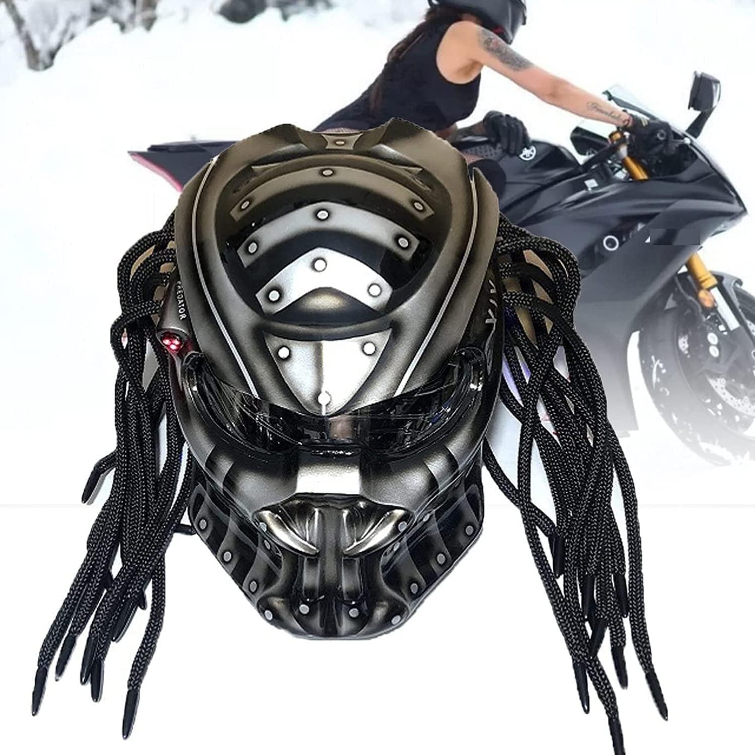 Motorcycle Helmet, Creative Predator Motorcycle Locomotive Full Face Helmet with Led Warning Lights and HD Anti-Fog Lenses for Outdoor Riding Or Club Parties, DOT Certified,Black a,XL