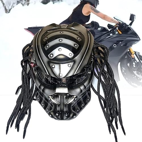 Predator Casco de Motocicleta de Cara Completa Casco de Motocicleta con Trenza para el Cabello y Luz LED para Montar al Aire Libre o Fiestas de Club