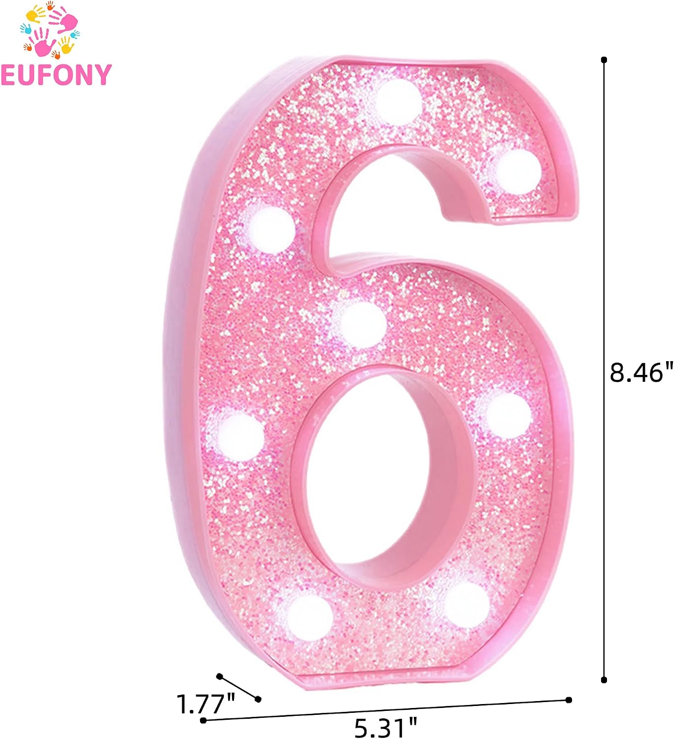 Pink Light Up Marquee Numbers, Glitter LED Number Lights Sign Battery Operated for Girls 6th Pink Birthday Party Table Decorations, 2026 Graduation Decor, 8 Inch Number 6 with Cool White Lights image 2