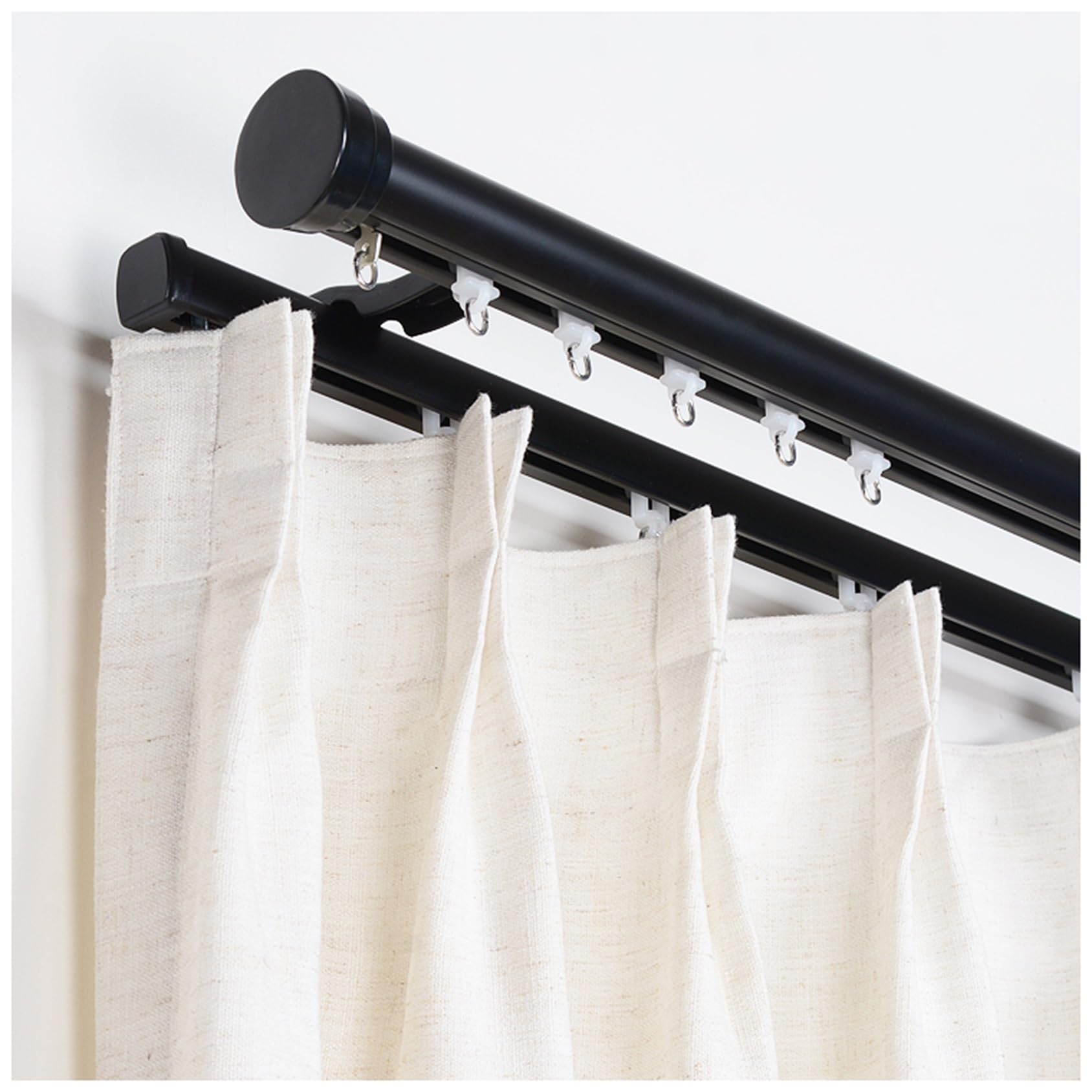 CMJYMX Double Curtain Rod Set, Curtain Rail With Cap Finials, Wall Mounted Curtain Poles For Windows, With Track, Roller, Installation Hardware, And End Cap(Black,90cm/2.95FT)