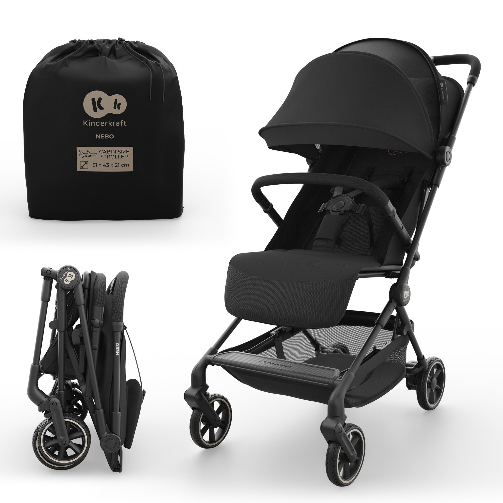Kinderkraft NEBO Kabinenbuggy ultraleicht, Einhand-Faltmechanismus, Handgepäckmaß 51×43×21 cm, steht selbstständig, Schultergurt+Transporttasche, flache Liegeposition, 5-Punkt-Gurt, Schwarz