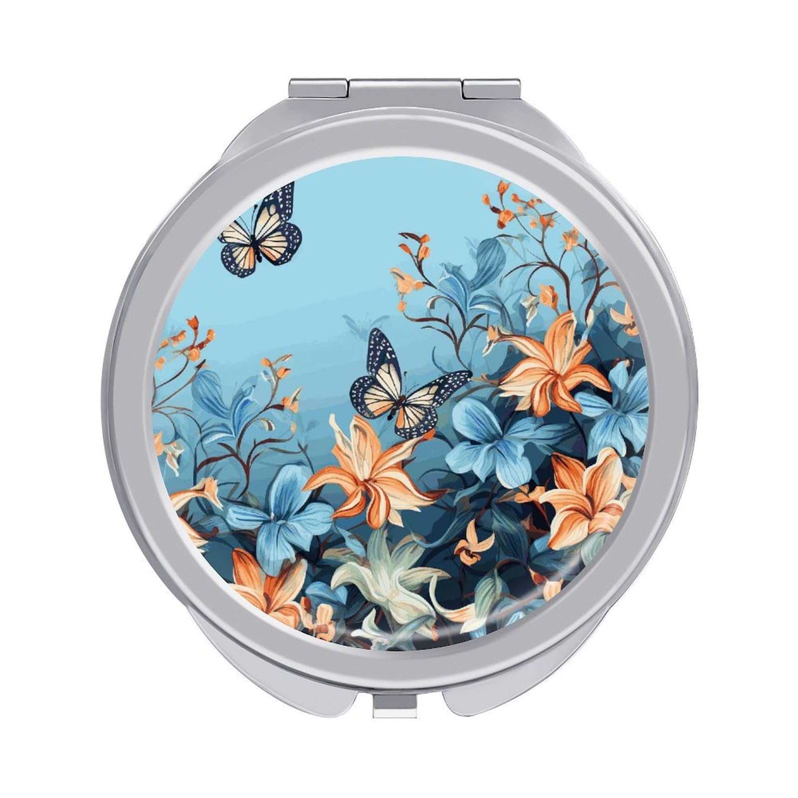 FekiLoot Blue Butterfly Floral Makeup Mirror Compact Round Travel Makeup Mirror Portable Folding Handheld Pocket Mirrors for Handbag and Purses Gift Mini Mirrors