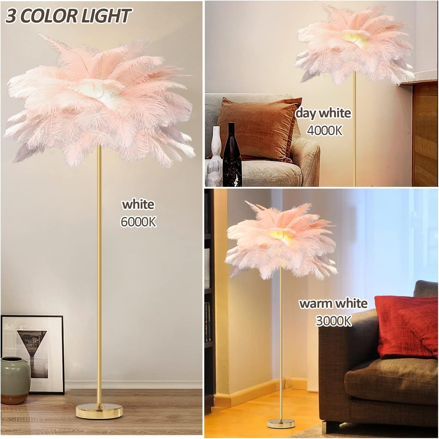 Ostrich Feather Floor Lamp,Simple Modern Pink Feather Lamps Standing Lighting,LED Lighting,Modern Art Style Feather Lamp,Tripod Floor Lamp for Bedrooms/Living Room/Dining Room/Office