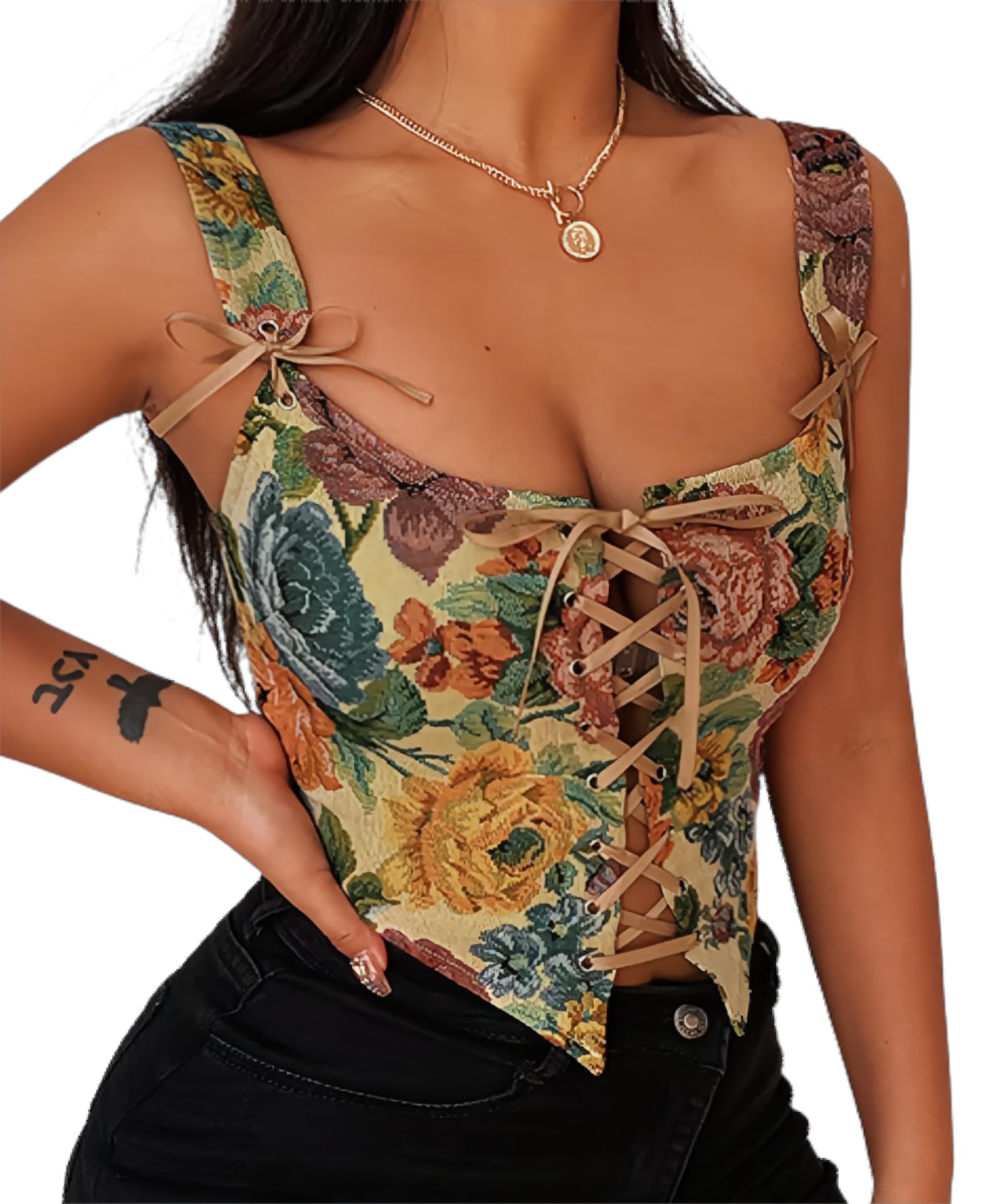 CONCINEROS Women's Summer Vintage Floral Renaissance Corset Top for Women Y2k Tops Sleeveless Drawstring Crop Top