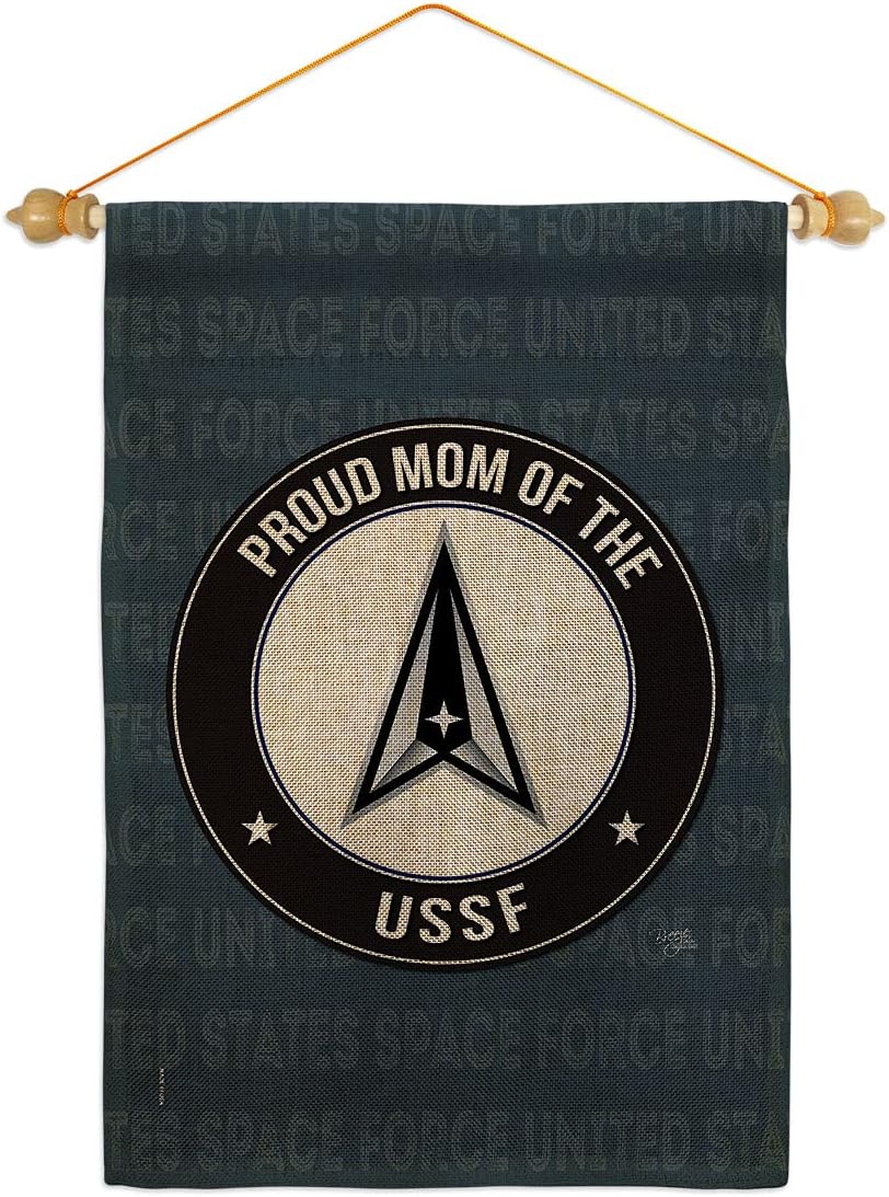 Space Force Proud Mom USSF Burlap Garden Flag Set Wood Dowel Armed Forces United State Air American Military Delta Official Small Decorative Gift Yard House Banner Double-Sided Made In USA 13 X 18.5