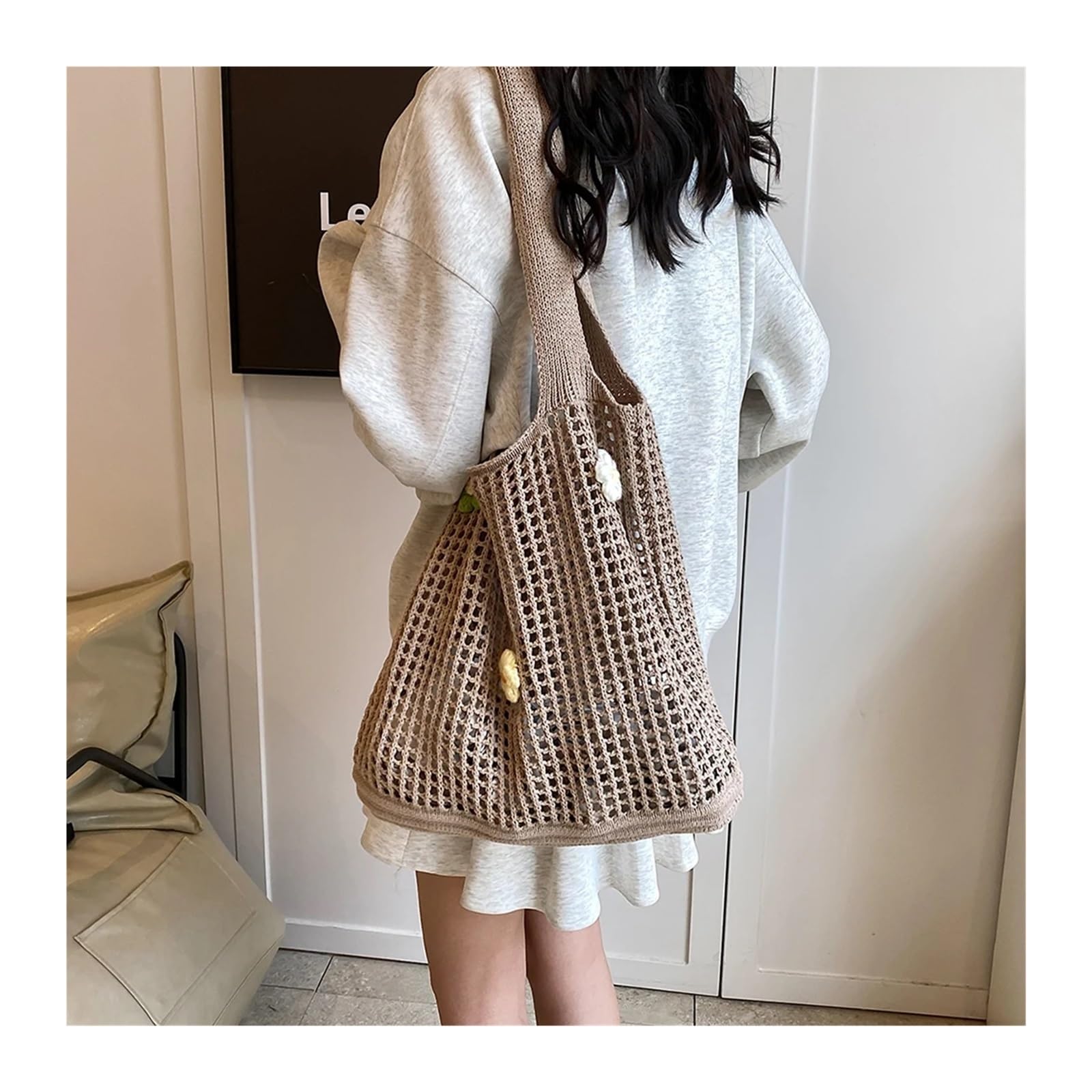 Sac a main femme cabas bandoulière au crochet ajouré avec fleurs