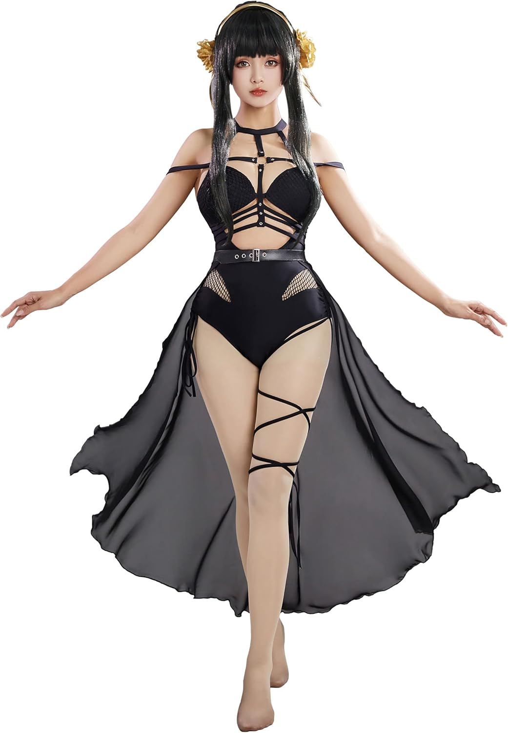 haikyuu Women Anime Derivative One Piece Swimsuit with Wrap Skirt and Headband Mesh Bathing Suit Halter Swimwear