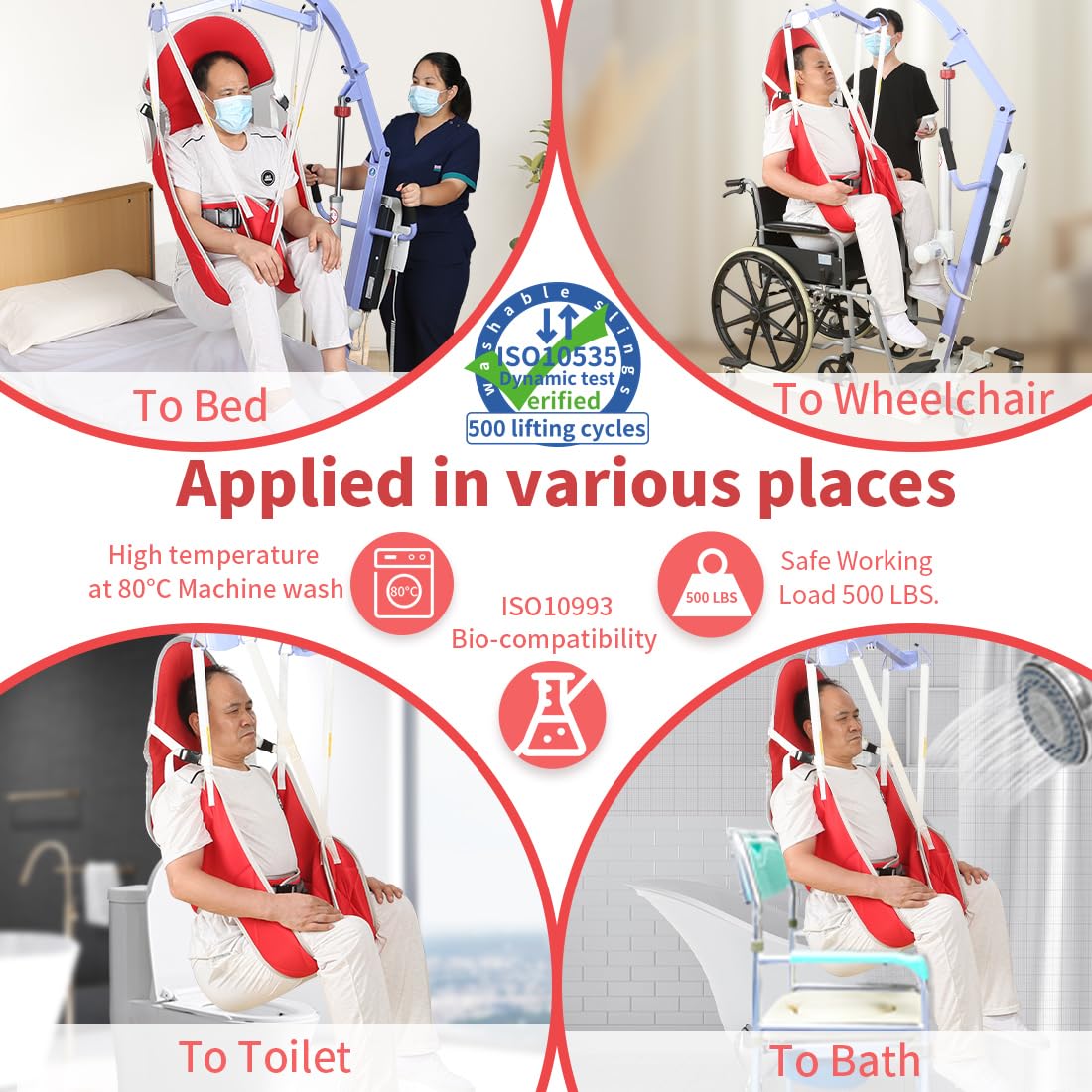 Patient Lift Sling with Thick Pads for Patient Lift,Shower,Toilet - Includes Waist Belt with Buckle - Head Support Option Available (Red, Large,with Head Support,with 1pc Slide Glove)