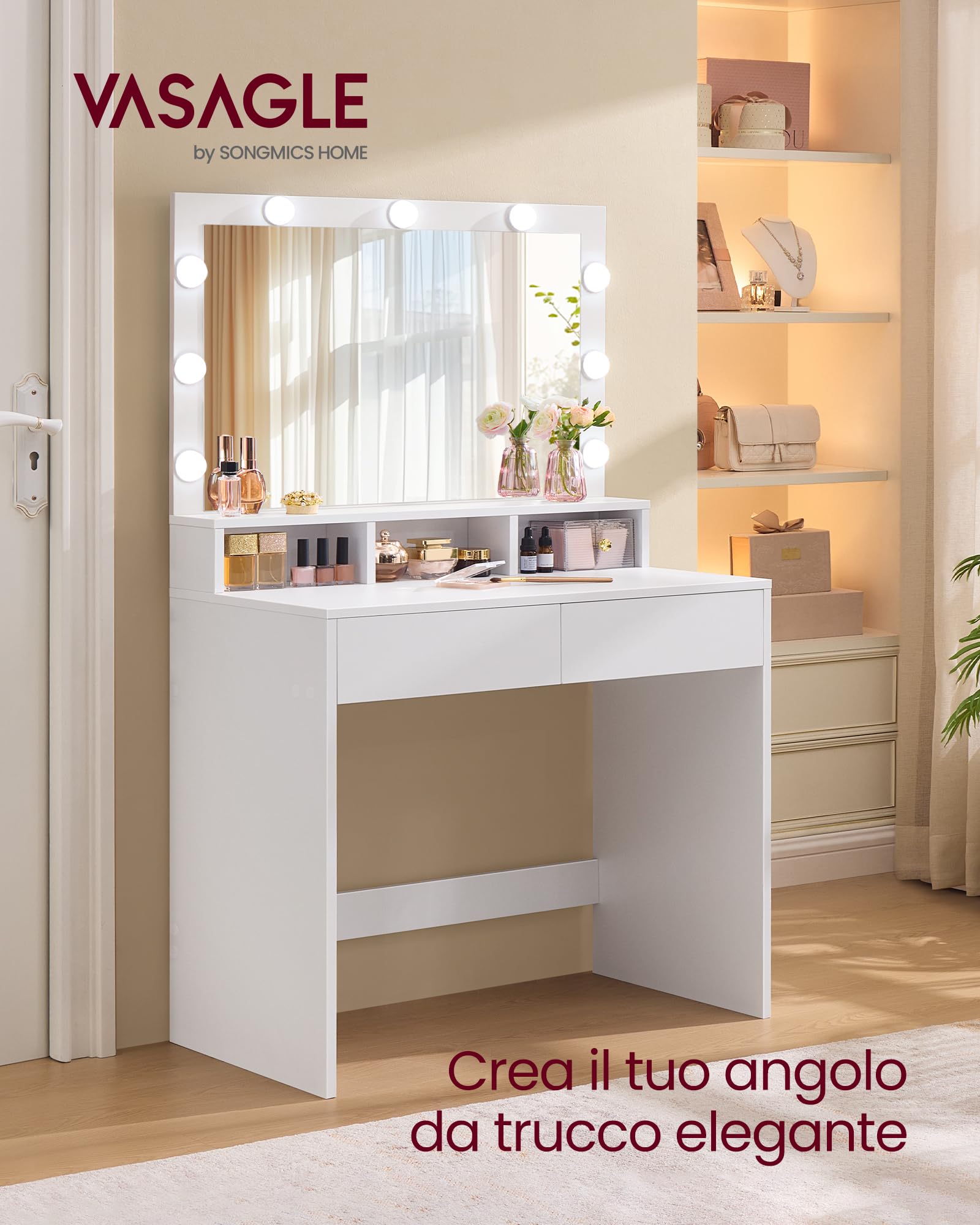 VASAGLE KAILYN Collezione - Tavolo da Trucco, Toeletta con Luce LED, Regolabile a 3 Colori, con Specchio, Tavolo Cosmetico con 2 Cassetti e 3 Scomparti Aperti, Bianco Nuvola RDT120WB01