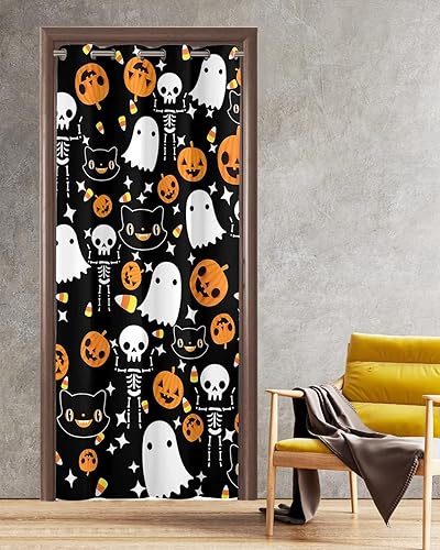 Halloween Doorway Curtains - Blackout Curtains 84 Inches Long, Orange Pumpkin White Ghost Skeleton Black Sliding Door Curtains Grommet Window Panels disponible en Yaxa Colombia