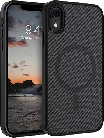 YINLAI Case for iPhone X/iPhone Xs 5.8-Inch,Magnetic [Compatible with Magsafe] Carbon Fiber Supports Wireless Charging Men Women Slim Metal Lens Frame+Buttons Shockproof Protective Phone Cover, Black