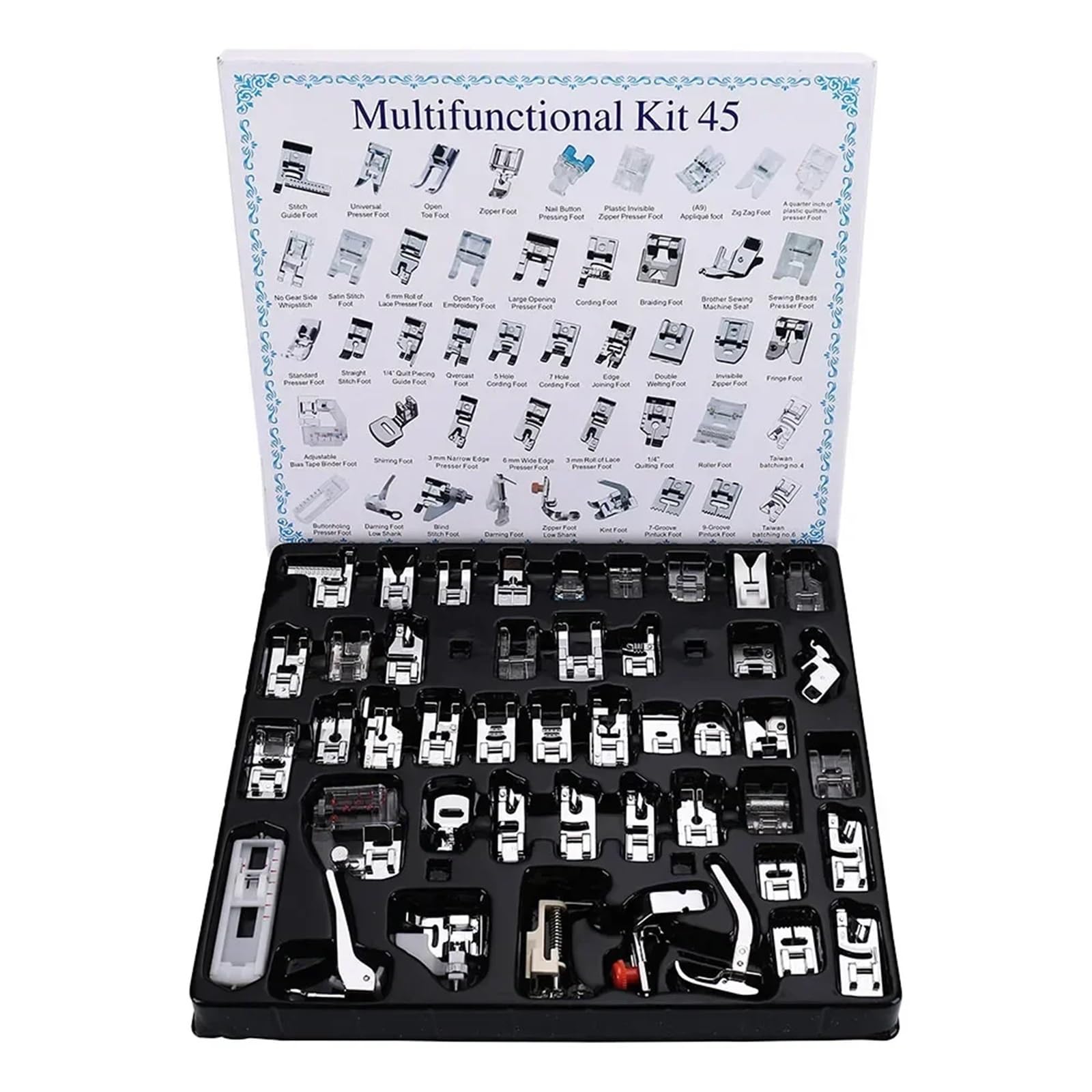 Sewing Feet Sewing Machine Presser Foot Press Kit For Braiding Blind Stitch OverLock Zipper Roller Ruler Parts(Press foot 45pcs)