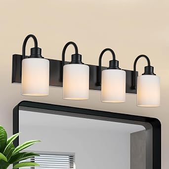 4 Light Vanity Light Fixture,Matte Black Wall Sconces Lighting with Opal White Glass Shade Metal Interior Bathroom Lights Over Mirror for Hallway Bedroom