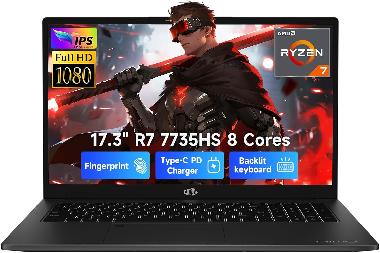 NIMO 17.3" FHD Gaming Laptop – AMD Ryzen 7 7735HS 8-Core/16-Thread, Radeon 680M Graphics, 16GB DDR5, 1TB NVMe SSD, Light Gaming & Esports Ready, Backlit Keyboard, Fingerprint Unlock, 100W PD Type-C