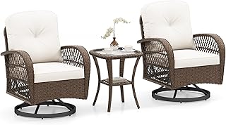 3 Pieces Wicker 360° Swivel Rocker Set Patio Furniture, Rocking Chairs with Cushions, Tempered Glass Coffee Table, Outdoor Rattan Bistro Set for Balcony Front Porch Deck Poolside (White)