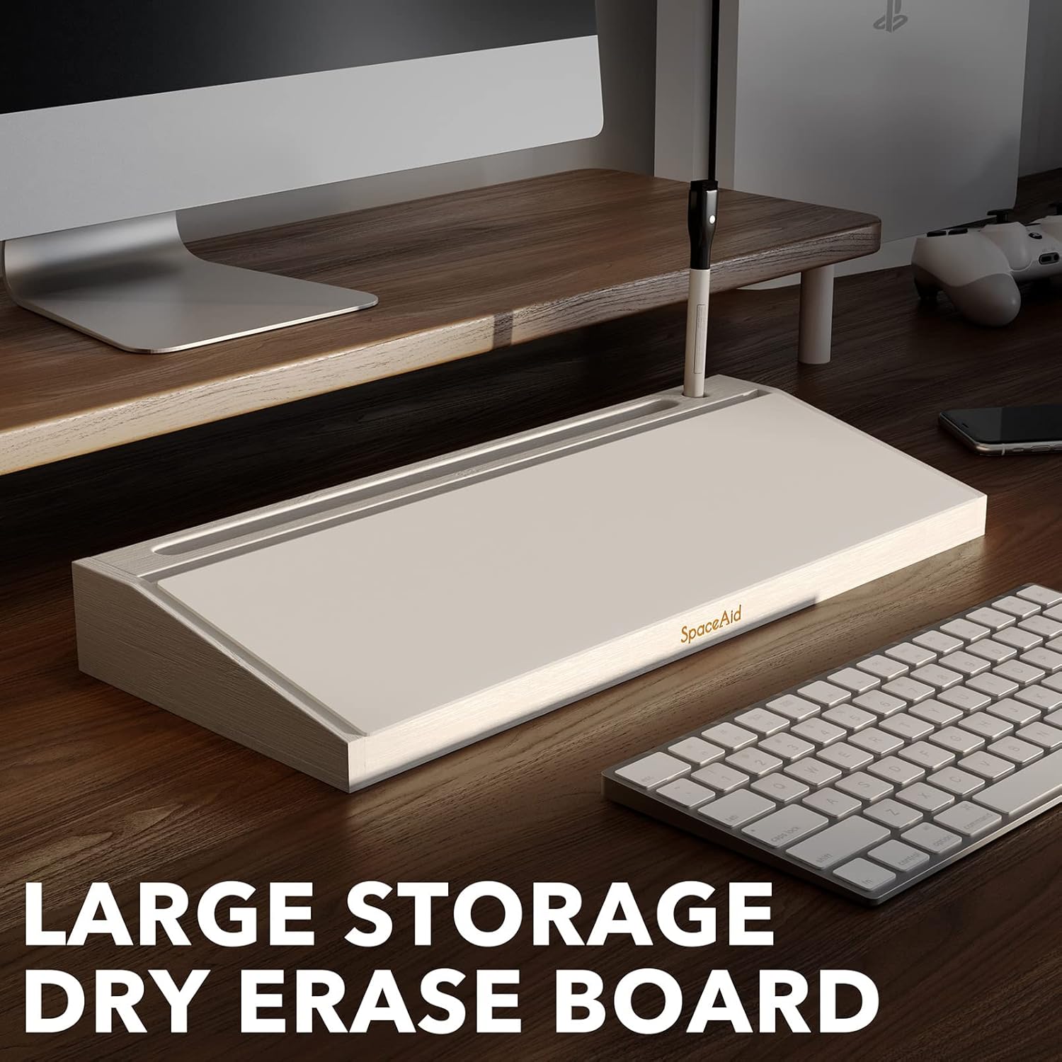SpaceAid Bamboo Desktop Whiteboard with Organizer Box, Office Desk Dry Erase White Board Holder, Computer Keyboard Stand Pad for Office Supplies Storage (White)