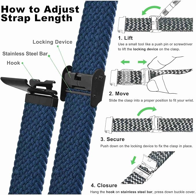 WOCCI Braided Nylon Watch Straps with Adjustable Buckle, Woven Sport Loop for Men and Women, Band Width 16mm 18mm 19mm 20mm 21mm 22m 24mm