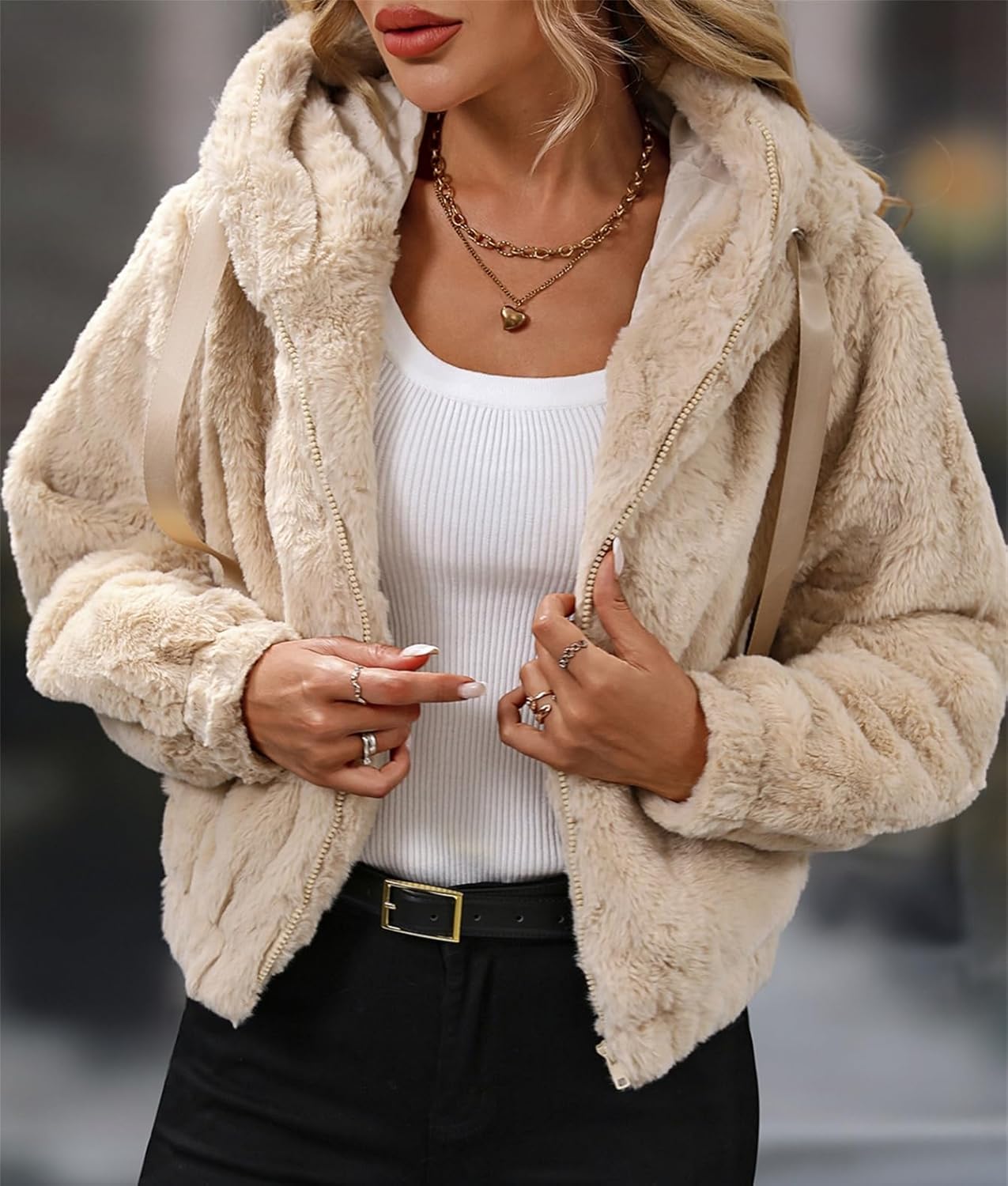 Women's Faux Fur Crop Coat Full Zip Fleece Sherpa Jacket with Hood - Image 3