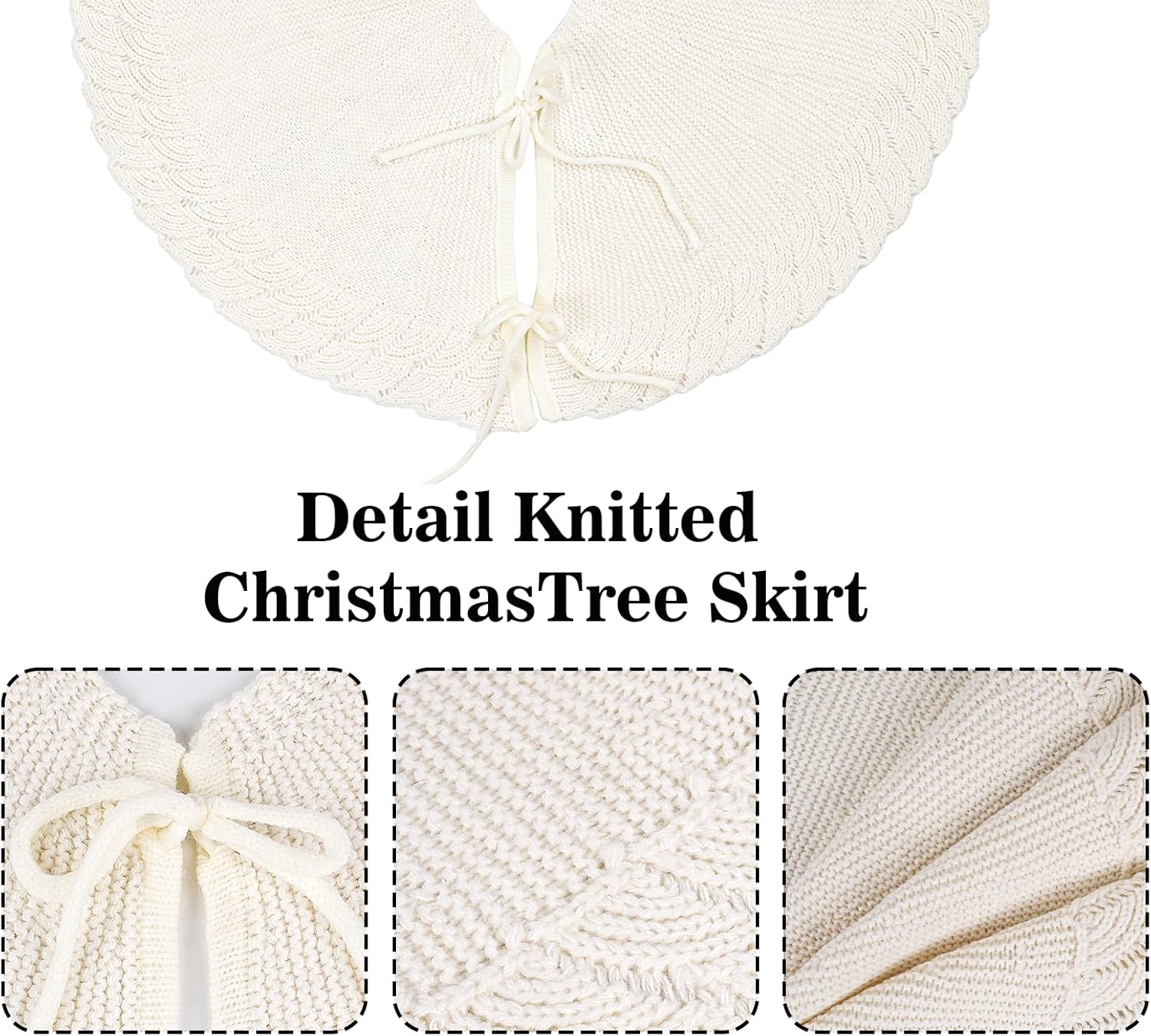 32 Inch Christmas Tree Skirt, Cream White Mermaid Scale Wave Pattern Knitted Xmas Tree Skirt, Rustic Christmas Holiday Decoration.