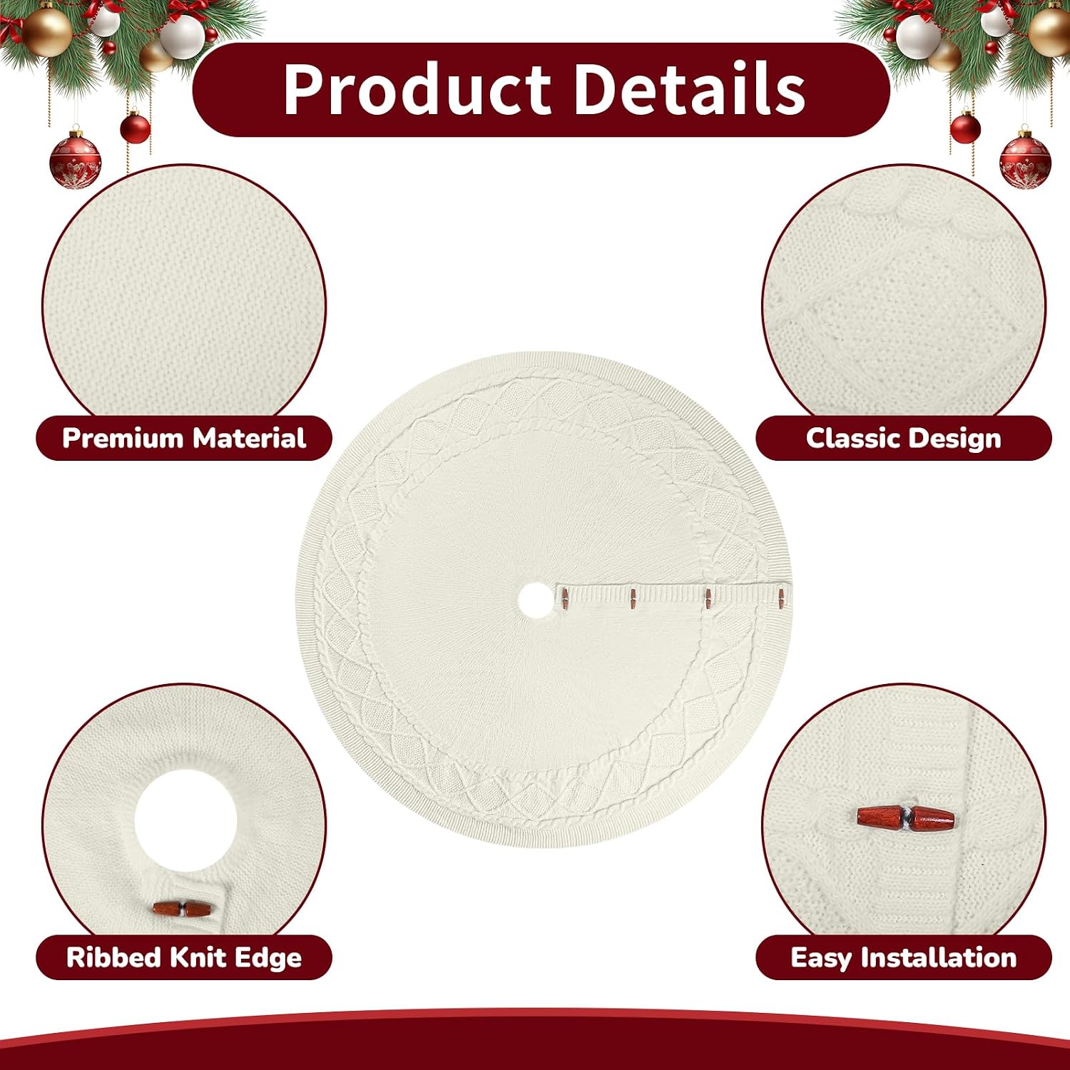 Christmas Tree Skirt, 48 Inch Cable Knit Pattern, Luxury Xmas Holiday Decoration, Thick Rustic Fabric, Home Party Décor White
