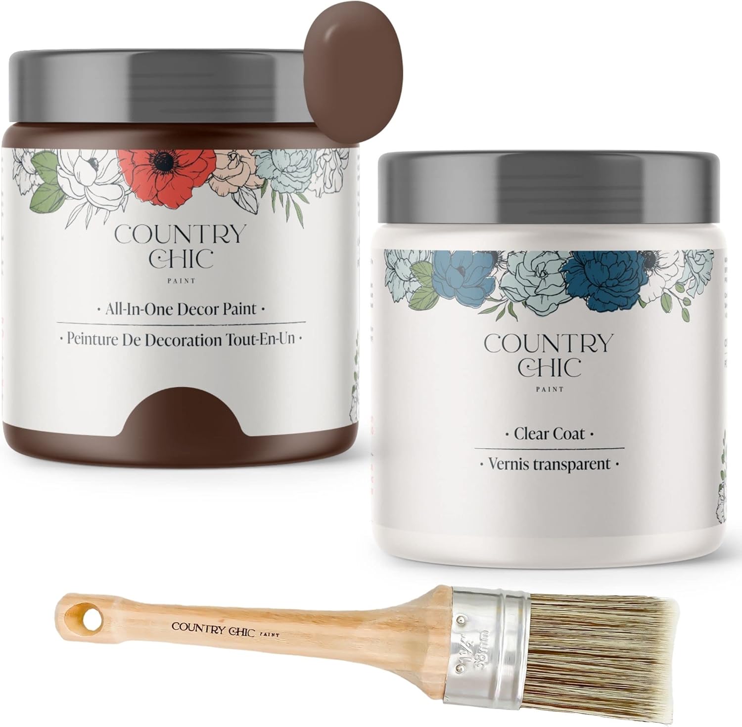 Chalk Style Paint + Clear Coat + Paint Brush Bundle - for Furniture, Home Decor, Crafts (Color: Leather Bound [pint - 16 oz] - Chocolate Brown)