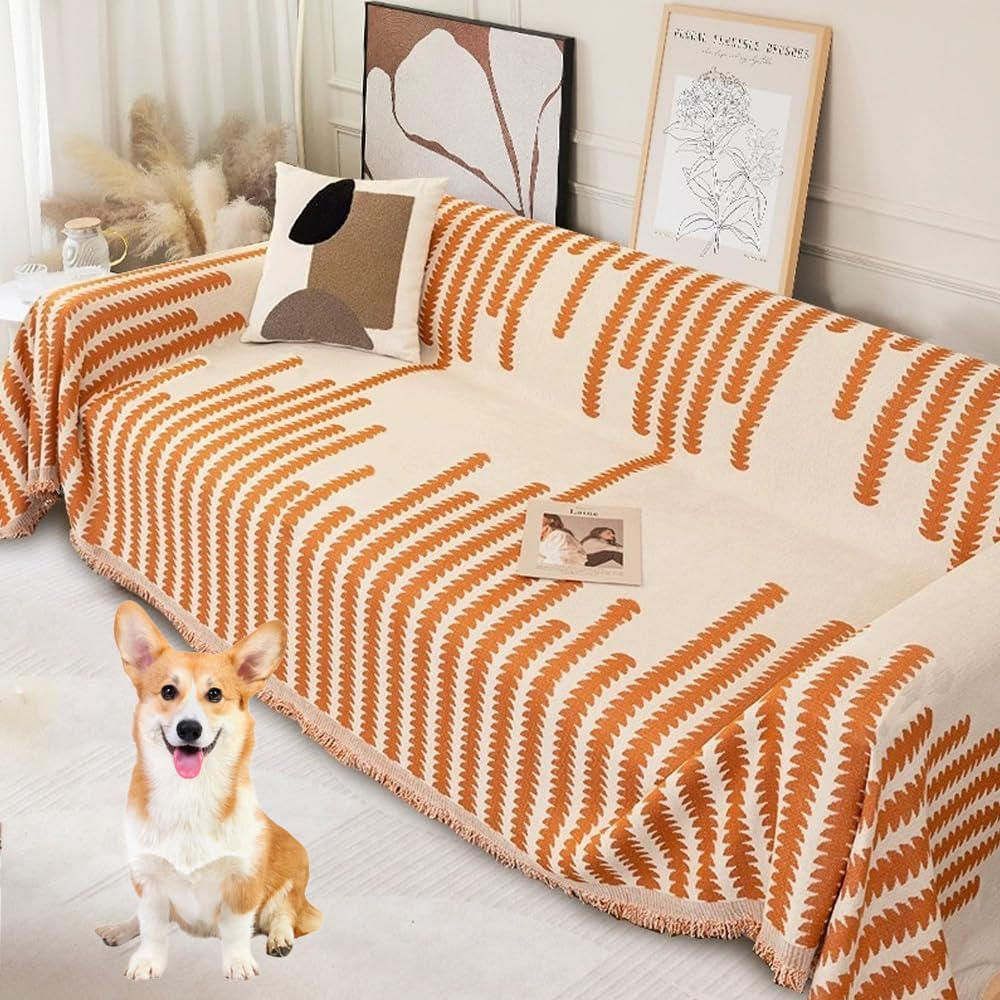 Sofa Cover for Sectional Couch Covers for Dogs Cats Couch Cover Loveseat with Tassel L Shaped Cover Washable Furniture Protector Sofa Slipcovers for 2 Cushion Couch,Orange,71’’X102’’