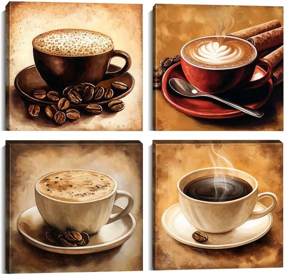 Coffee Wall Art Pictures Kitchen Coffee Poster Canvas Prints Coffee Artwork Wall Decor for Dining Room Bar Cafe Family Restaurant Shop Home Decorations Framed Ready to Hang 10'' x 10'' x 4 Panels