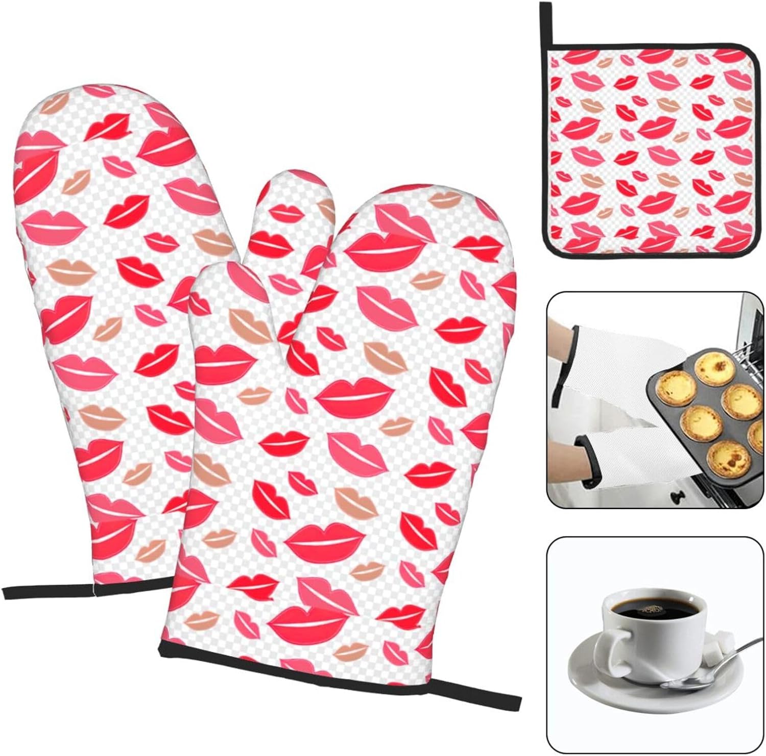 Lips Print Heat Resistant Microwave Gloves, Used for Baking, Cooking, and Fashion Kitchen Essentials