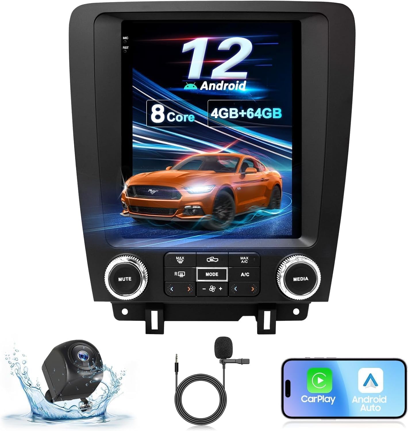 Car Stereo Radio for Ford Mustang 2010 2011 2012 2013 2014, 9.7 Inch Touch Screen/Android12/4GB+46GB/Wireless Carplay and Android Auto/GPS Navigation/Bluetooth 5.0/WiFi/DSP/1080P Reversing Camera