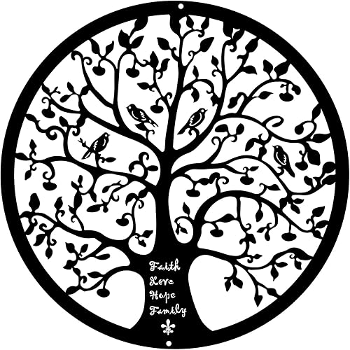 ESTART Adorno de pared de 28 cm con diseño de árbol de la vida, escultura colgante de metal, placa familiar, decorativa para balcón, porche,