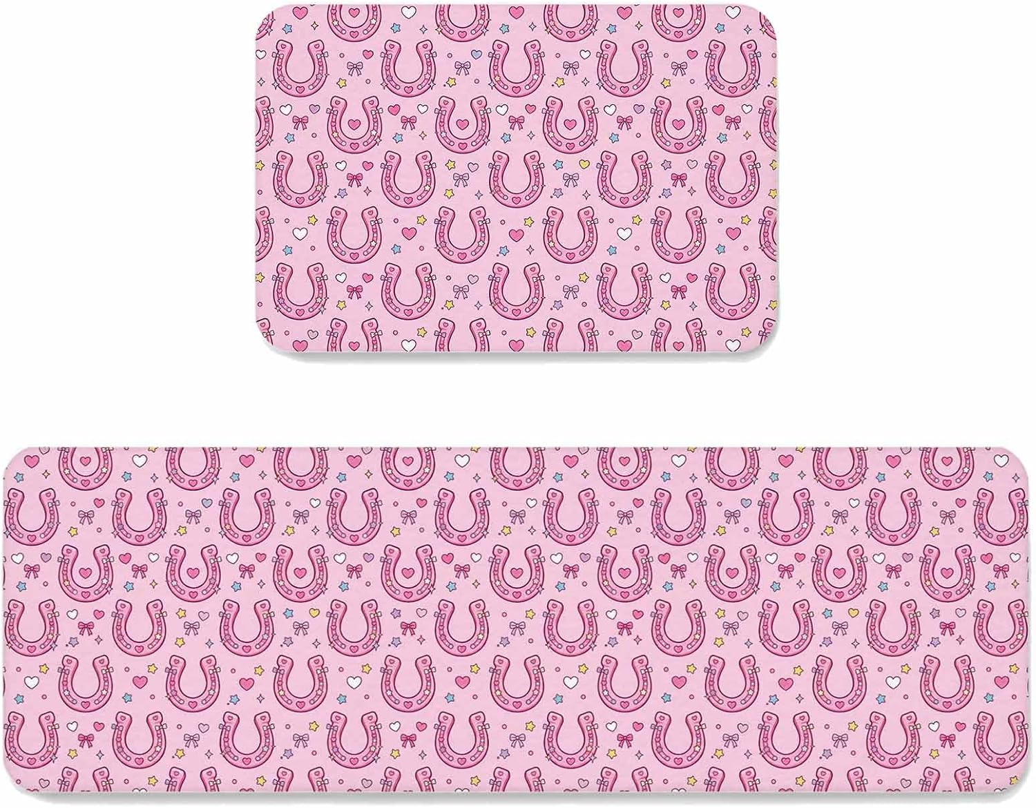 Prime Leader Pink Western Style Kitchen Mat Set 2 Pieces Horseshoe Love Star Bow Cute Cartoon Non Slip Kitchen Rugs Washable Runner Rug Mats for Sink Laundry (19.7" x 31.5"+19.7" x 63")