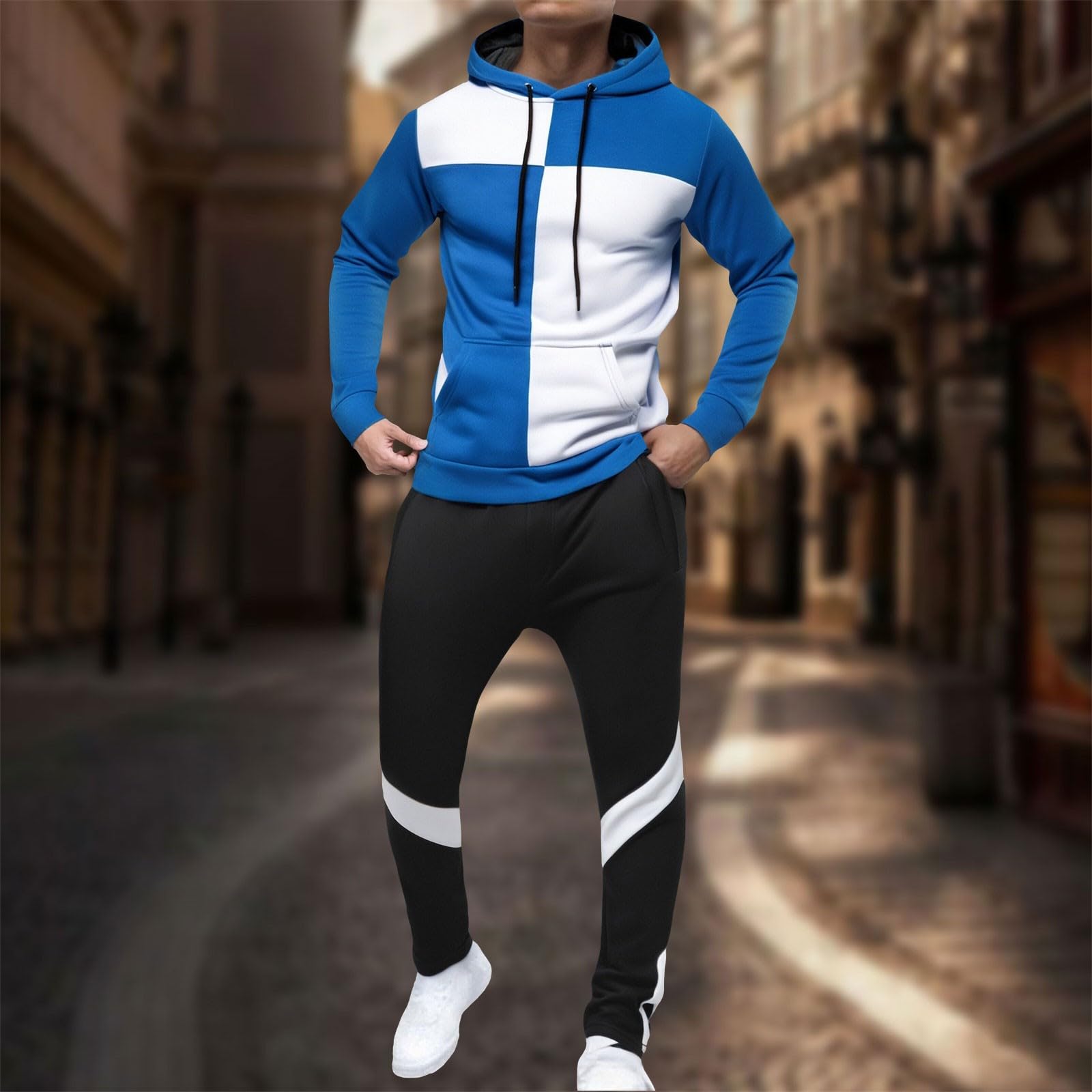 Generisch Tuta da allenamento da uomo, in due pezzi, con cappuccio bicolore e pantaloni da jogging da uomo, per il tempo libero, per il fitness, palestra, set classico Activewear